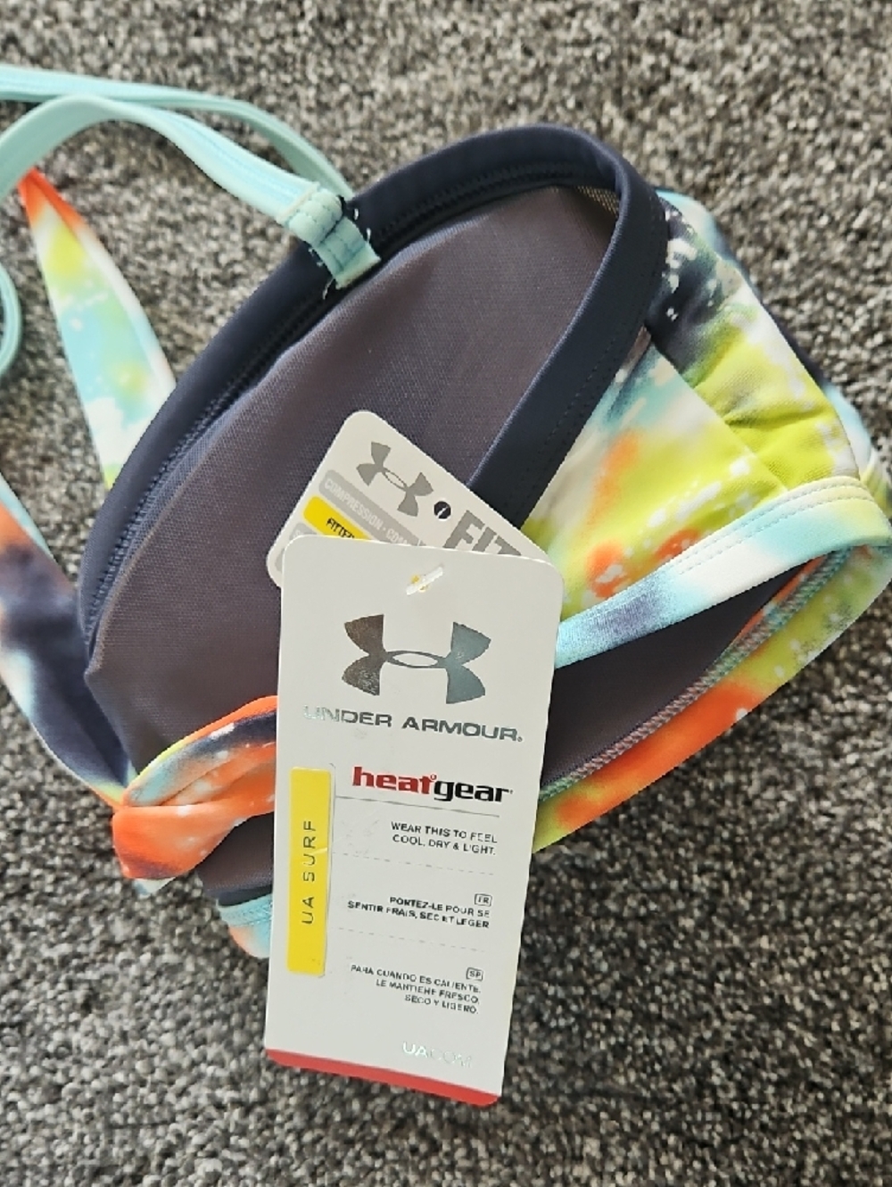 Under Armour Tie-Dye Bandeau Bikini Top in Orange, Aqua & Lime - Picture 2 of 4